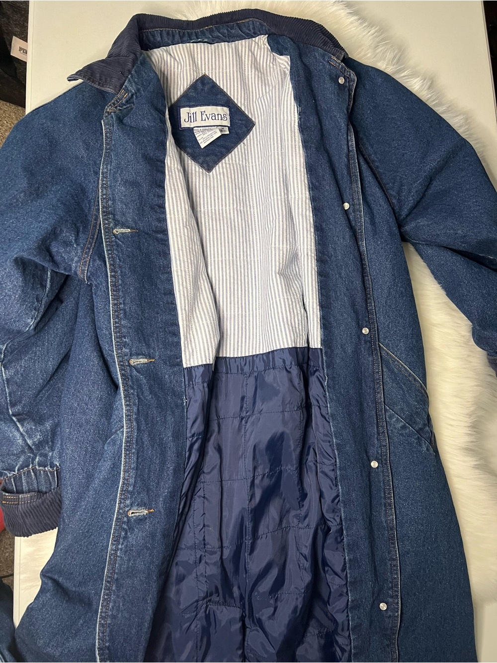 Jill Evans Vintage Jill Evans Denim Coat M Duster Button Up Lined Corduroy 80s - Picture 5 of 8